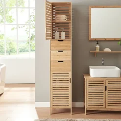 Colonne De Salle De Bains|[En.Casa] Meuble colonne de salle de bain Boksereys bambou 180 x 35 x 35 cm naturel