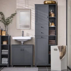 Sobuy Meuble Colonne de Salle de Bain avec 6 étagères et 1 Panier à Linge , BZR104-DG,