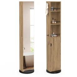 IDMarket Meuble colonne pivotante de salle de bain avec miroir, placard et étagères hêtre et noir ELIA