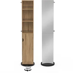 IDMarket Meuble colonne pivotante de salle de bain avec miroir, placard et étagères hêtre et noir ELIA