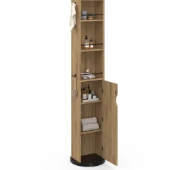 IDMarket Meuble colonne pivotante de salle de bain avec miroir, placard et étagères hêtre et noir ELIA