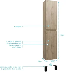 Colonne De Salle De Bains|Aurlane Meuble colonne pour salle de bains 2 portes finition chêne Naturel - 30x25x150 - TIMBER