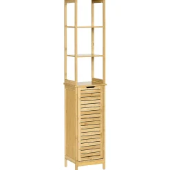 Colonne De Salle De Bains|kleankin Meuble colonne rangement salle de bain style cosy dim. 34L x 30l x 173H cm porte à lattes 3 étagères bambou MDF aspect bois clair