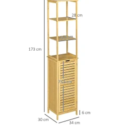 Colonne De Salle De Bains|kleankin Meuble colonne rangement salle de bain style cosy dim. 34L x 30l x 173H cm porte à lattes 3 étagères bambou MDF aspect bois clair