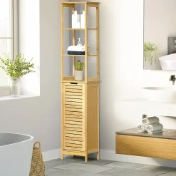 Colonne De Salle De Bains|kleankin Meuble colonne rangement salle de bain style cosy dim. 34L x 30l x 173H cm porte à lattes 3 étagères bambou MDF aspect bois clair