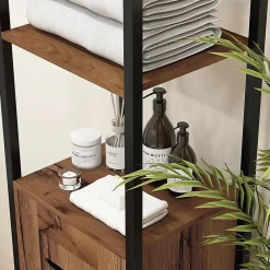 kleankin Meuble colonne rangement salle de bain style cosy dim. 37L x 30l x 167H cm 3 étagères porte ajourée acier noir aspect bois