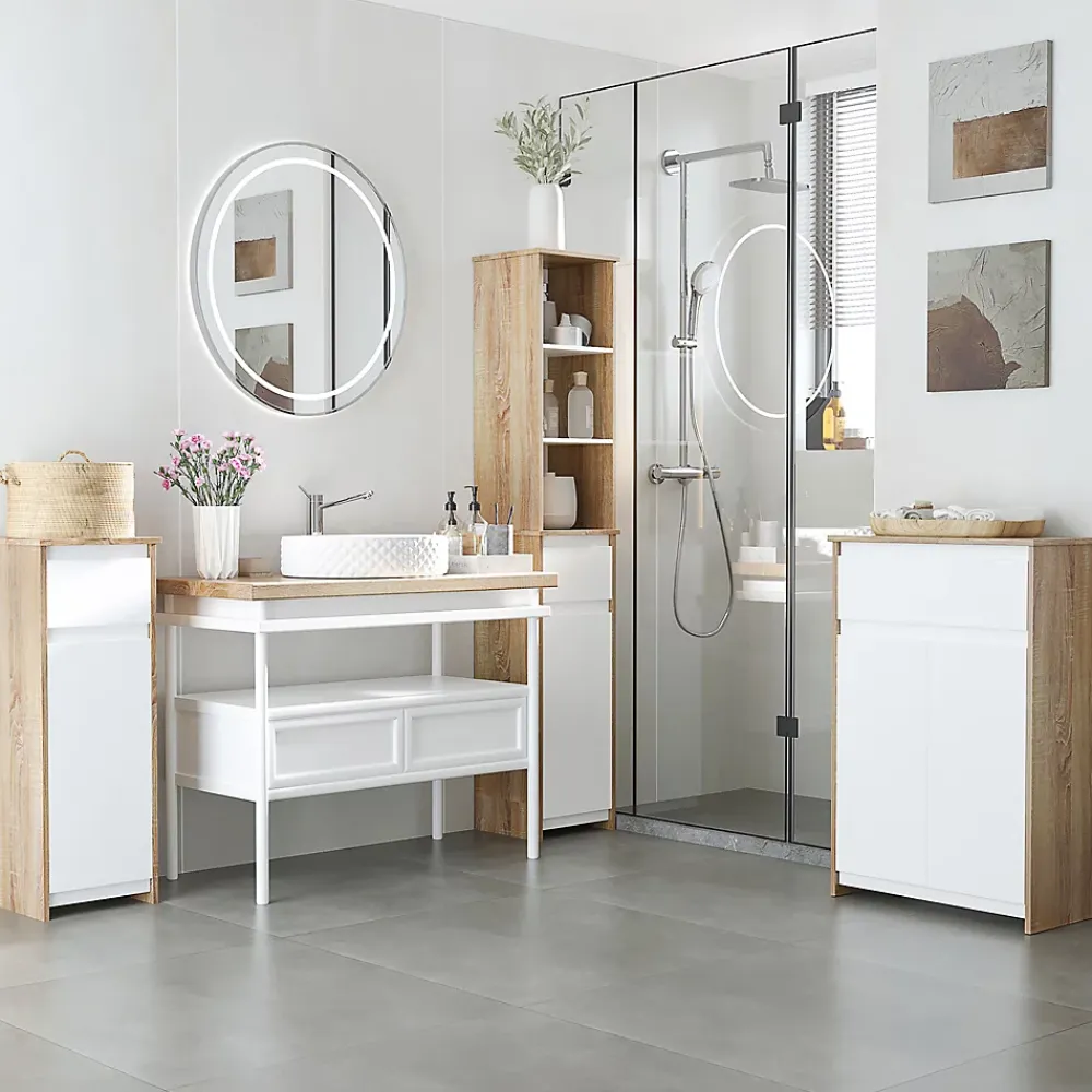 kleankin Meuble colonne rangement salle de bain style cosy 3 niches tiroir placard avec étagère blanc aspect chêne clair