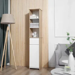 kleankin Meuble colonne rangement salle de bain style cosy 3 niches tiroir placard avec étagère blanc aspect chêne clair