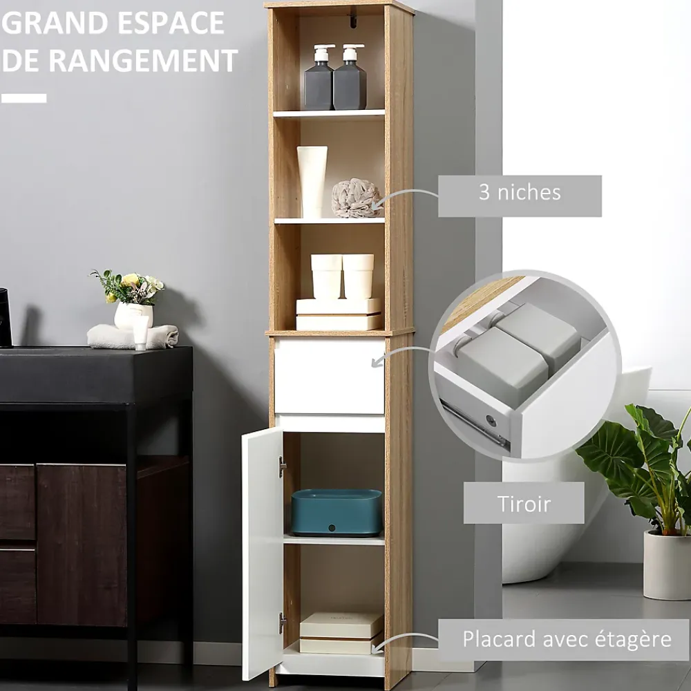 kleankin Meuble colonne rangement salle de bain style cosy 3 niches tiroir placard avec étagère blanc aspect chêne clair