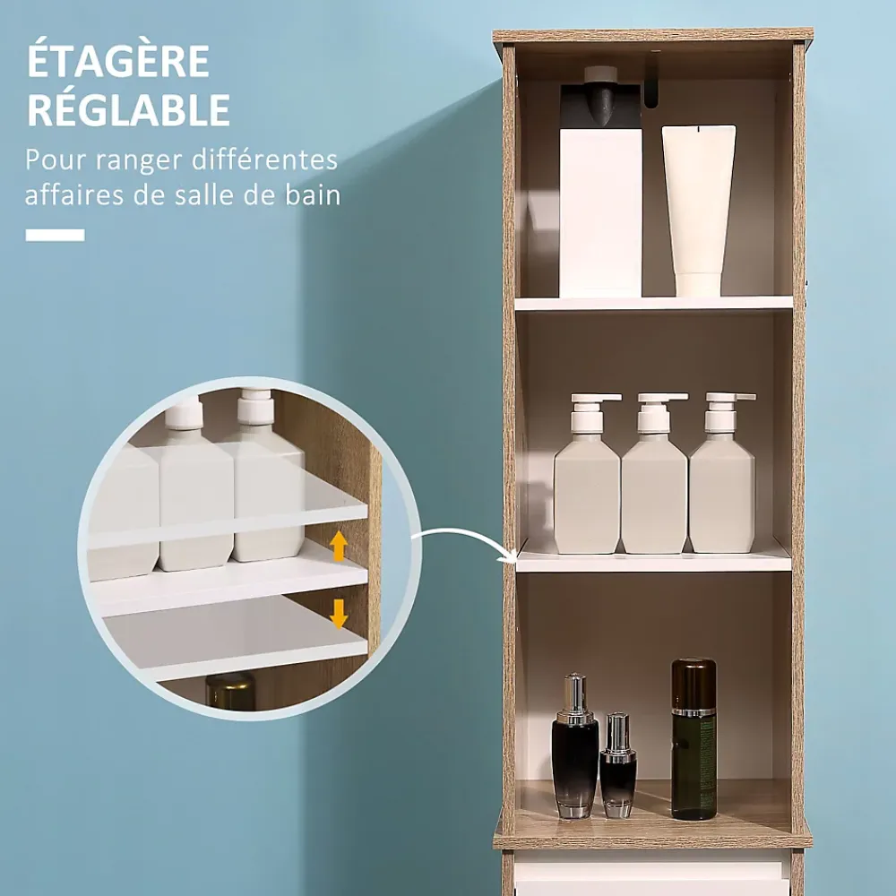 kleankin Meuble colonne rangement salle de bain style cosy 3 niches tiroir placard avec étagère blanc aspect chêne clair
