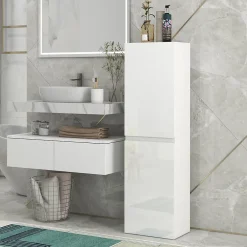 kleankin Meuble colonne rangement salle de bain style contemporain façade laquée 2 portes étagères blanc