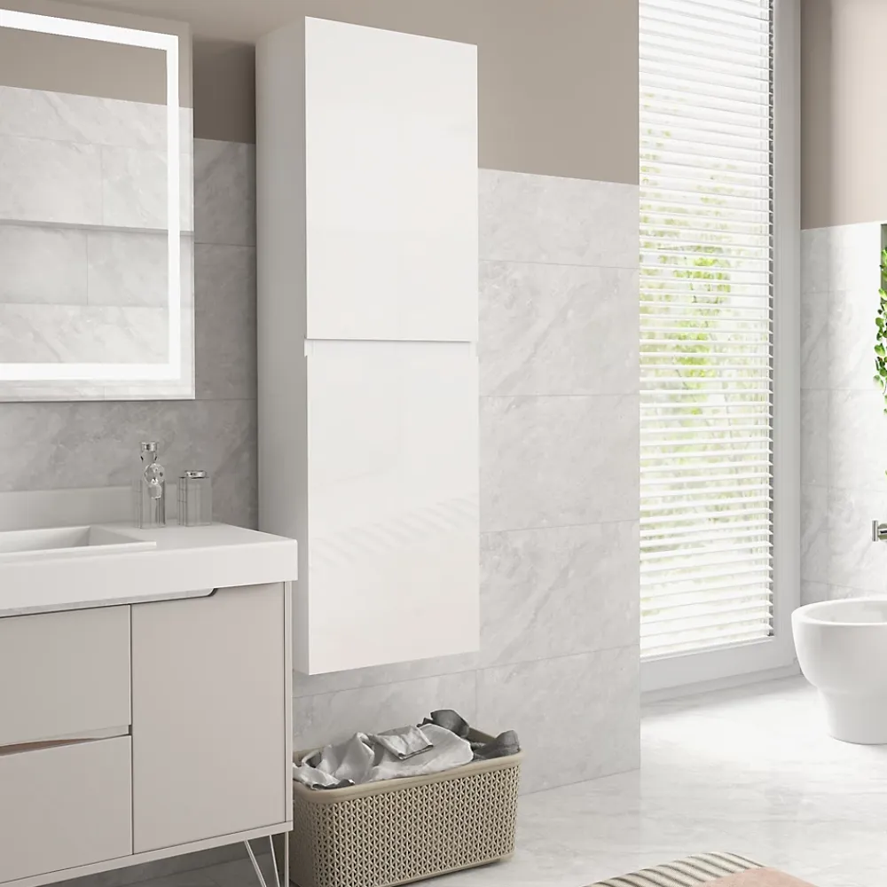kleankin Meuble colonne rangement salle de bain style contemporain façade laquée 2 portes étagères blanc