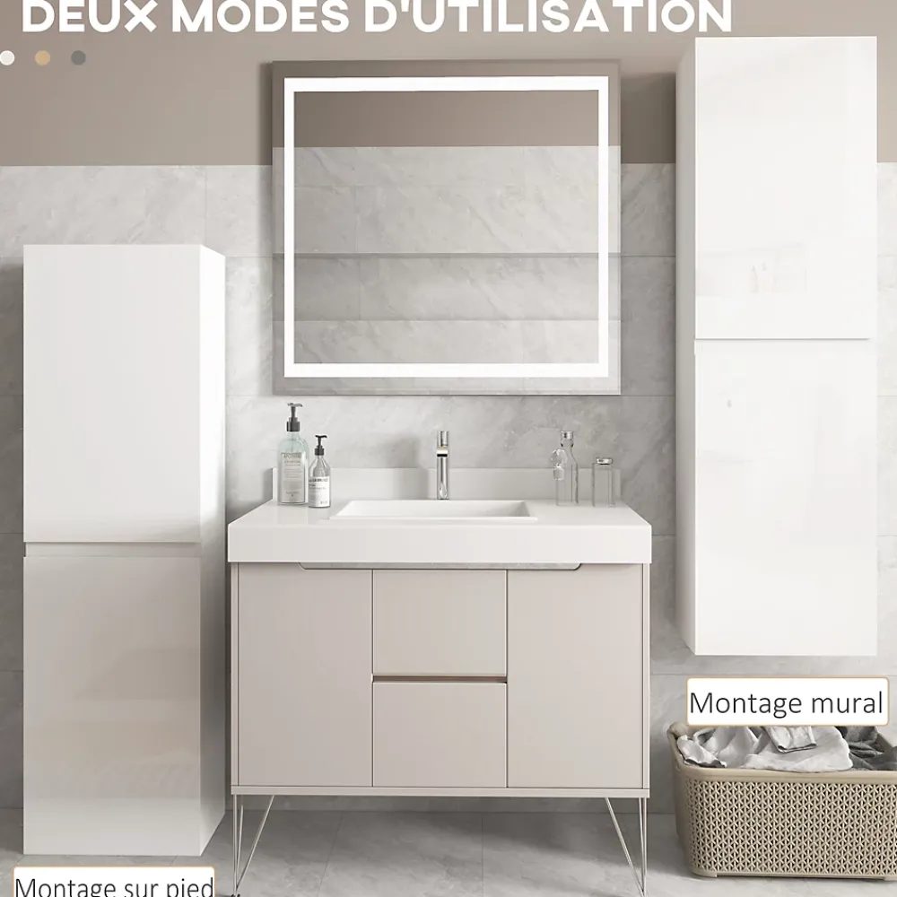 kleankin Meuble colonne rangement salle de bain style contemporain façade laquée 2 portes étagères blanc