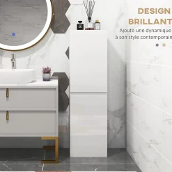 kleankin Meuble colonne rangement salle de bain style contemporain façade laquée 2 portes étagères blanc