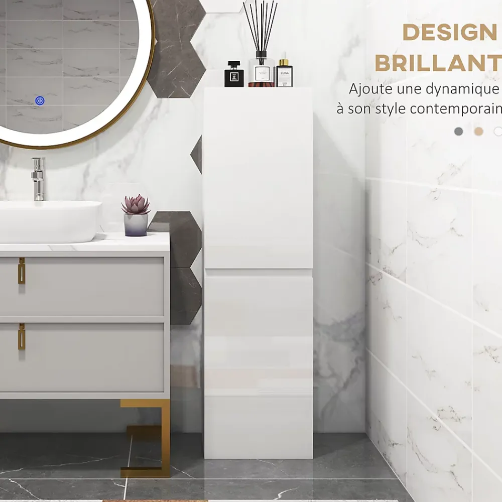 kleankin Meuble colonne rangement salle de bain style contemporain façade laquée 2 portes étagères blanc