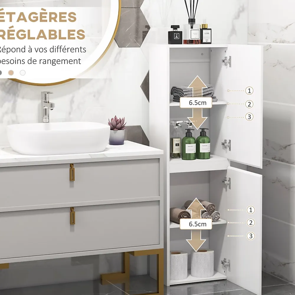 kleankin Meuble colonne rangement salle de bain style contemporain façade laquée 2 portes étagères blanc