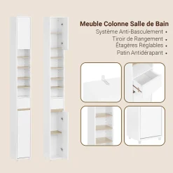 Sobuy Meuble Colonne Salle de Bain, 1 Tiroir, 2 Portes, Étagères Réglables BZR34-WN