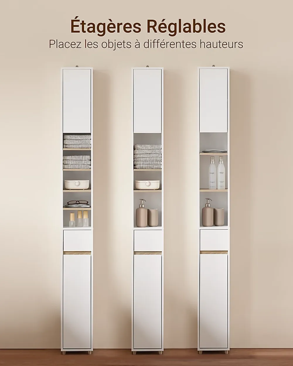 Sobuy Meuble Colonne Salle de Bain, 1 Tiroir, 2 Portes, Étagères Réglables BZR34-WN