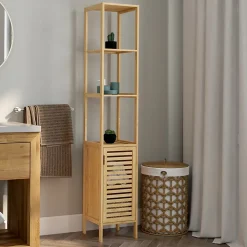 Armoire De Salle De Bains|IDMarket Meuble colonne salle de bain bambou BEA 1 porte