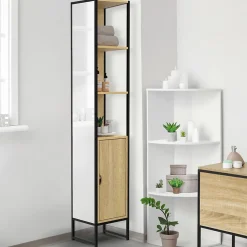 Meuble De Salle De Bains Faible Profondeur|Armoire De Salle De Bains|IDMarket Meuble colonne salle de bain DETROIT 1 porte avec miroir et étagères design industriel