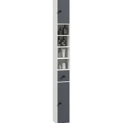 kleankin Meuble colonne salle de bain 2 portes 2 étagères 4 niches tiroir poignées métal noir panneaux blanc gris