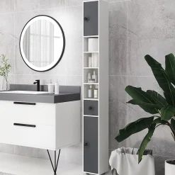 kleankin Meuble colonne salle de bain 2 portes 2 étagères 4 niches tiroir poignées métal noir panneaux blanc gris