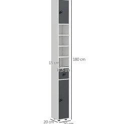 kleankin Meuble colonne salle de bain 2 portes 2 étagères 4 niches tiroir poignées métal noir panneaux blanc gris