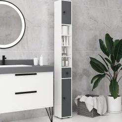 kleankin Meuble colonne salle de bain 2 portes 2 étagères 4 niches tiroir poignées métal noir panneaux blanc gris