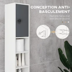 kleankin Meuble colonne salle de bain 2 portes 2 étagères 4 niches tiroir poignées métal noir panneaux blanc gris