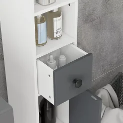 kleankin Meuble colonne salle de bain 2 portes 2 étagères 4 niches tiroir poignées métal noir panneaux blanc gris