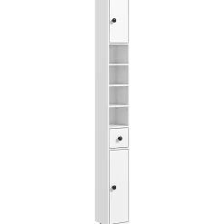 kleankin Meuble colonne salle de bain 2 portes 2 étagères 4 niches tiroir poignées métal noir panneaux blanc