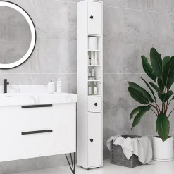 kleankin Meuble colonne salle de bain 2 portes 2 étagères 4 niches tiroir poignées métal noir panneaux blanc