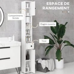 kleankin Meuble colonne salle de bain 2 portes 2 étagères 4 niches tiroir poignées métal noir panneaux blanc