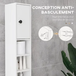 kleankin Meuble colonne salle de bain 2 portes 2 étagères 4 niches tiroir poignées métal noir panneaux blanc