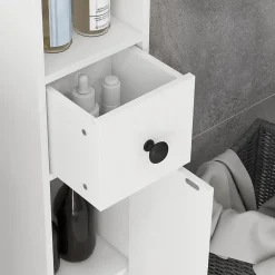 kleankin Meuble colonne salle de bain 2 portes 2 étagères 4 niches tiroir poignées métal noir panneaux blanc