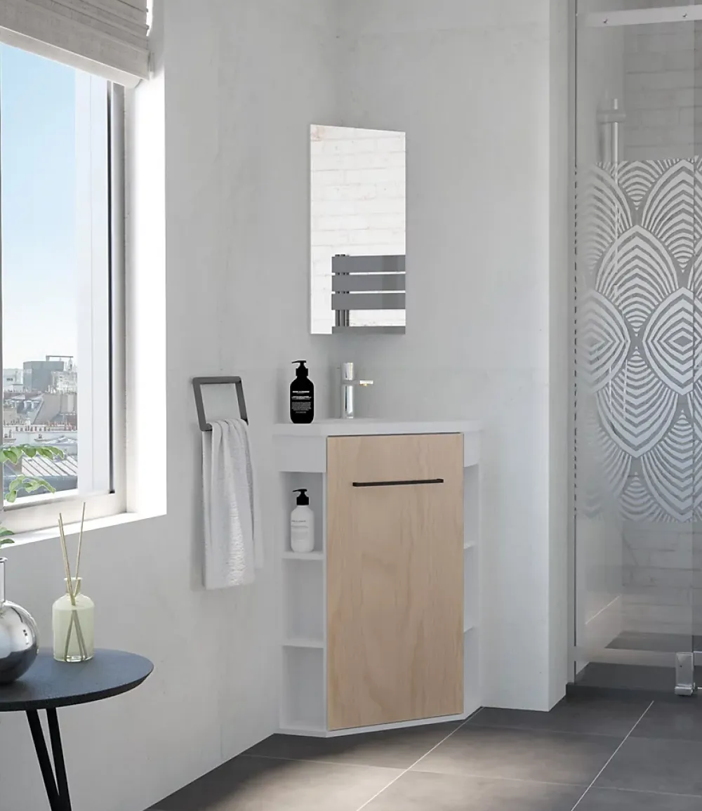 Lave-Mains|Meuble Vasque|Ondee Meuble d’angle tout en un compact H.84 x l.46 cm, blanc mat, porte décor bois, Nova