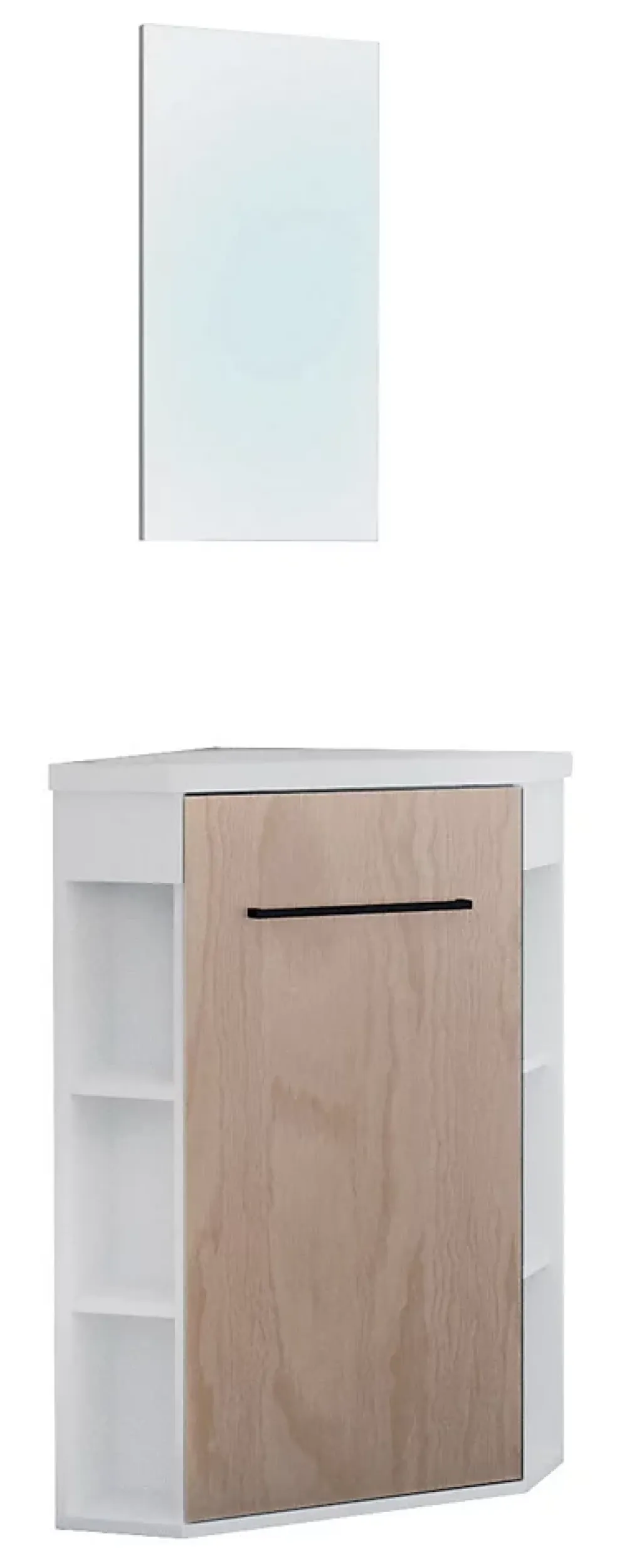 Lave-Mains|Meuble Vasque|Ondee Meuble d’angle tout en un compact H.84 x l.46 cm, blanc mat, porte décor bois, Nova