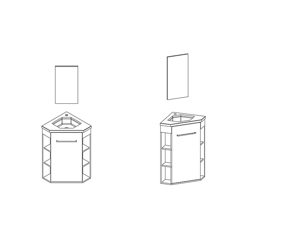 Lave-Mains|Meuble Vasque|Ondee Meuble d’angle tout en un compact H.84 x l.46 cm, blanc mat, porte décor bois, Nova