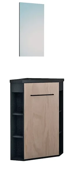 Ondee Meuble d’angle tout en un compact H.84 x l.46 cm, noir mat, porte décor bois, Nova