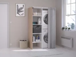 Meuble Buanderie|Vente-unique Meuble de buanderie avec rideau pour double machine à laver - Naturel clair - L111 x H184 cm - JAZANO
