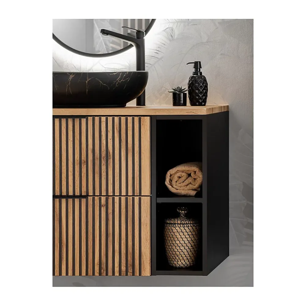 Plan Double Vasque|Meublorama Meuble de rangement additionnel sous vasque KINOKO 2 portes Gris anthracite L20 x P57 x H46 cm Meuble suspendu