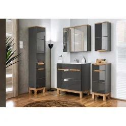 Meublorama Meuble de rangement de salle de bain ERMANO Finition bois et gris brillant, 35 cm