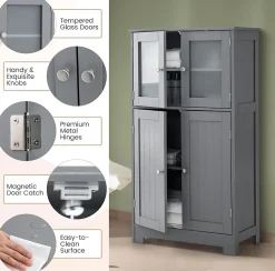 Giantex Meuble de Rangement Placard Buffet sur Pied avec Etagère Réglable avec 4 Portes et Verre Trempé Gris