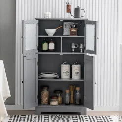 Giantex Meuble de Rangement Placard Buffet sur Pied avec Etagère Réglable avec 4 Portes et Verre Trempé Gris