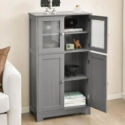 Giantex Meuble de Rangement Placard Buffet sur Pied avec Etagère Réglable avec 4 Portes et Verre Trempé Gris