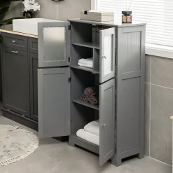 Giantex Meuble de Rangement Placard Buffet sur Pied avec Etagère Réglable avec 4 Portes et Verre Trempé Gris