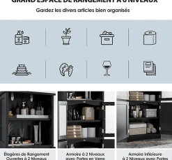 Giantex Meuble de Rangement pour Salle de Bain avec 3 Parties,6 Niveaux ,2 Étagères et 2 Compartiments,Portes en Verre et Poignées(Noir)
