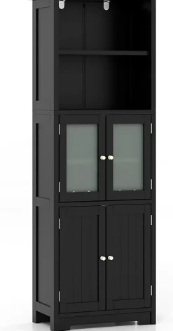 Giantex Meuble de Rangement pour Salle de Bain avec 3 Parties,6 Niveaux ,2 Étagères et 2 Compartiments,Portes en Verre et Poignées(Noir)