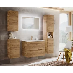 Meublorama Meuble de rangement salle de bain ERBANO 1 porte Coloris chene clair Compact et suspendu