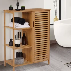 IDMarket Meuble de rangement salle de bain bambou BEA 3 étagères avec placard
